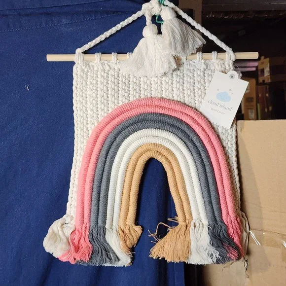 Cloud Island 13"x16" Multi Colored Rainbow Macrame Wall Art in Pink, Gray, Tan - Picture 2 of 13